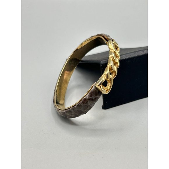 Vintage Gray Snakeskin Bracelet 1980s 1990s Gold Tone Chain Hinged Bracelet - Picture 5 of 7